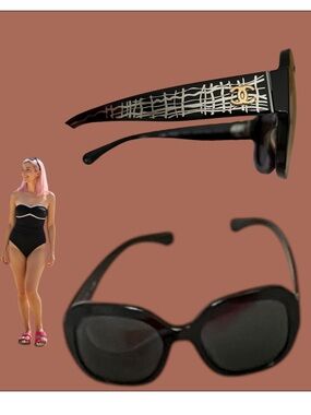 CHANEL Black Oval Sunglasses with Gold CC Logo and Silver Plaid Temple